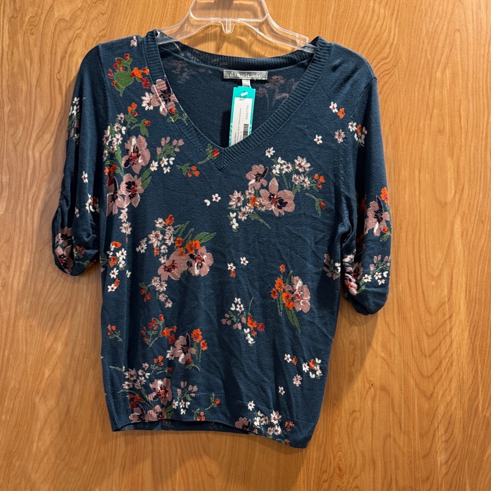 Daniel Rainn Teal Floral V-Neck Top